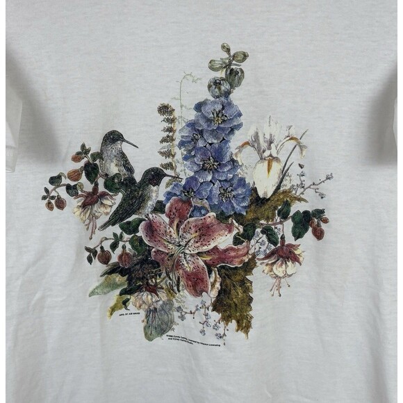 Vintage 90s 1998 Flower / Bird Graphic T - Shirt / White / Size Medium - Picture 2 of 5